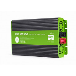 EnerGenie EG-PWC-PS2000-01, 12 V Pure sine wave car DC-AC power inverter, 2000 W, with USB port / 5V-2.1A, Input: 10-16 VDC (accumulator directly) - Output: 230 VAC +/- 10% at 50 Hz (+/-1Hz), pure sine wave, THD < 3%, 90% efficiency